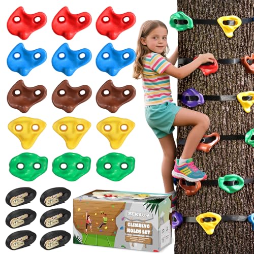 SEKKVY 15PCS Ninja Tree Climbing Holds and 6 Sturdy Ratchet Straps for Kids Tree Climbing, Large Climbing Grips for Outdoor Ninja Warrior Obstacle Course Training - style: 15 Holds