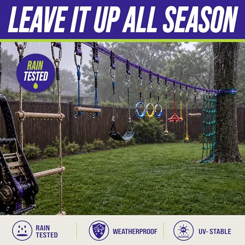 Trailblaze Ninja Warrior Obstacle Course for Kids - Ultimate Outdoor Fun 2x55 Ft Ninja Slackline Climbing Net Rope Ladder Trapeze Swing Monkey Bars - Durable and Safe Ninja Course for Kids Outside | 450lb Capacity Ultimate Outdoor Fun and Durable Ninja Co