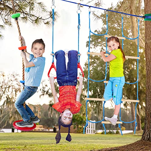 Ninja Obstacle Course for Kids Backyard - 10 Durable Obstacles and 60' Slackline - Outdoor Warrior Obstacle Playset Equipment with Gymnastic Ring, Rope Ladder, Ninja Wheel, Climbing Rope Swing