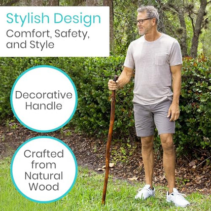 Vive Wooden Walking Stick for Hiking - Balance & Hiking Staff - Wood Walking Stick for Men, Women, Seniors - Strong, Non-Slip Wood Cane for Stability - Handcrafted, Waterproof, Leather Wrist Strap - style: 55 Inches