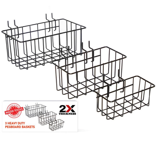 Pegboard Hook Baskets Set of 3, Black Wire Organizer for 1/4" Pegboard | Stainless Steel Peg Board Storage Organizer Bins for Tools, Garage, Workshop, Craft Room, Kitchen, ¼” Peg Board Accessories - size: 3 Pc Baskets