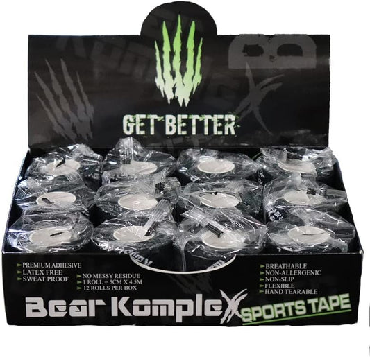 Bear Komplex Athletic Sports Tape, 4 or 12 Pack of Premium Adhesive Wrap, 5 cm Tape, Sweatproof, Breathable, and Non-Slip for Lifting, and Hook Grip, Hypoallergenic and Latex Free - color: Black, size: 12 Count