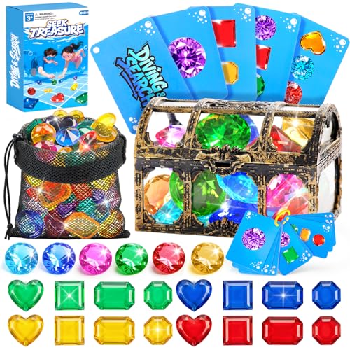 Diving Toys for Kids, Seek Treasure Underwater Pool Gem Hunt Pool Game | with 60PCS Sinking Gems, Pirate Treasure Chest, 35PCS Game Cards, Summer Swimming Pool Toys for Toddlers Kids Age 3-10