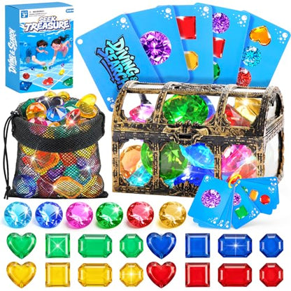 Diving Toys for Kids, Seek Treasure Underwater Pool Gem Hunt Pool Game | with 60PCS Sinking Gems, Pirate Treasure Chest, 35PCS Game Cards, Summer Swimming Pool Toys for Toddlers Kids Age 3-10