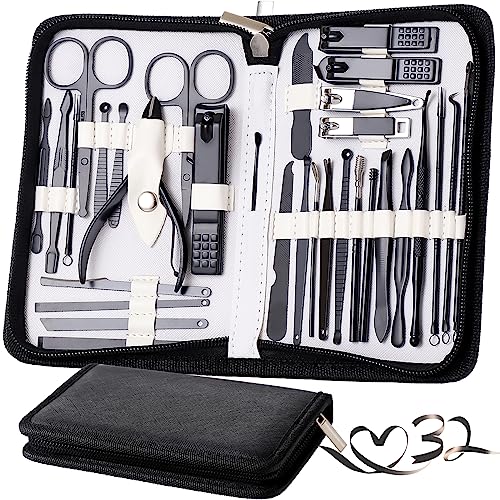 Manicure Set Pedicure Kit Womens Nail Clippers Set 32 in 1 Professional Grooming Care Tools Nail Kit Including Facial, Fingernails and Toenails Care with Travel Case Women (White/Black_32 in 1) - color: White/Black_32 in 1