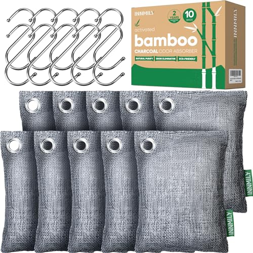 Activated Charcoal Odor Absorber,10P Nature Odor Eliminator for Strong Odor | Bamboo Charcoal Air Purifying Bags,Moisture Absorbers for Fresh Home Car Closet Pet,Smoke Smell Deodorizer, with Hooks - style: 10 x 100g