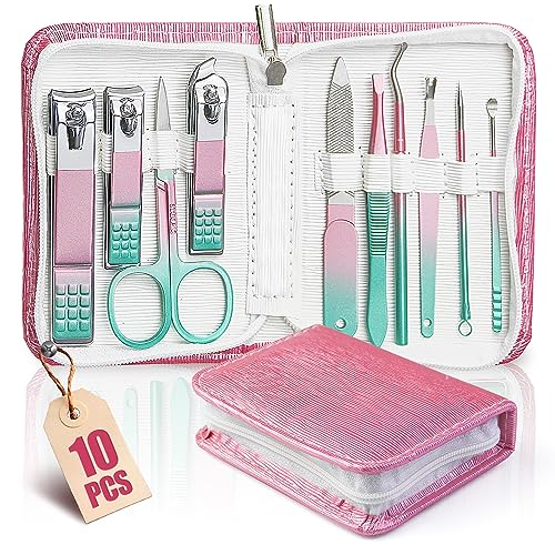 WOAMA Manicure Set Travel Nail Clippers 10-Piece Toenail Clippers Pedicure Kit Stainless Steel Nail Kit for Women - Rainbow - color: Rainbow