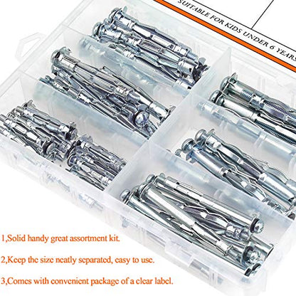 HELIFOUNER Hollow Wall Anchor Screws Set, 6 Sizes Heavy Duty Zinc Plated Steel Molly Bolt Hollow Drive Wall Anchor Screws Assortment Kit for Drywall, Plaster and Tile, 48 PCS