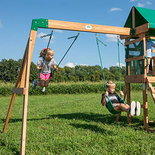 Backyard Discovery Buckley Hill Cedar Wood Swing Set with Wave Slide, Play Deck, Rock Wall Ladder, Belt Swings, Chalkboard, Canopy Roof, Outdoor Playset - color: Green
