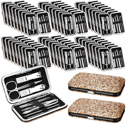 Geosar 50 Set 8 in 1 Travel Manicure Kit Bulk Professional Nail Clippers Pedicure Nail Care Tools Grooming Stainless Steel Set with Portable Travel Case, Gift for Valentine Men Women(Glitter Gold) - color: Glitter Gold