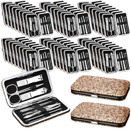 Geosar 50 Set 8 in 1 Travel Manicure Kit Bulk Professional Nail Clippers Pedicure Nail Care Tools Grooming Stainless Steel Set with Portable Travel Case, Gift for Valentine Men Women(Glitter Gold) - color: Glitter Gold