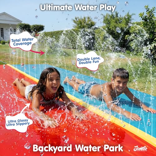 JAMBO Premium 24Ft Budget Slip Splash and Slide, Heavy Duty Water Slide with Advanced Sprinkler System, Backyard Waterslide, Splash Mat, Outdoor Water Toys n Slides for Kids - color: 24' Multicolor
