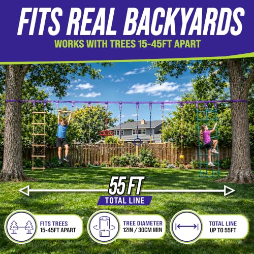 Trailblaze Ninja Warrior Obstacle Course for Kids - Ultimate Outdoor Fun 2x55 Ft Ninja Slackline Climbing Net Rope Ladder Trapeze Swing Monkey Bars - Durable and Safe Ninja Course for Kids Outside | 450lb Capacity Ultimate Outdoor Fun and Durable Ninja Co