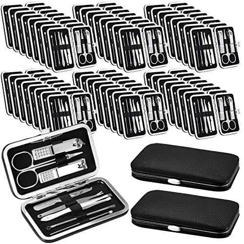 Geosar 50 Set 8 in 1 Travel Manicure Kit Bulk Professional Nail Clippers Pedicure Nail Care Tools Grooming Stainless Steel Set with Portable Travel Case, Gift for Valentine Men Women(Black) - color: Black