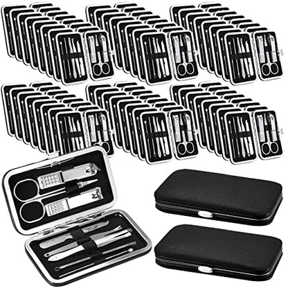 Geosar 50 Set 8 in 1 Travel Manicure Kit Bulk Professional Nail Clippers Pedicure Nail Care Tools Grooming Stainless Steel Set with Portable Travel Case, Gift for Valentine Men Women(Black) - color: Black