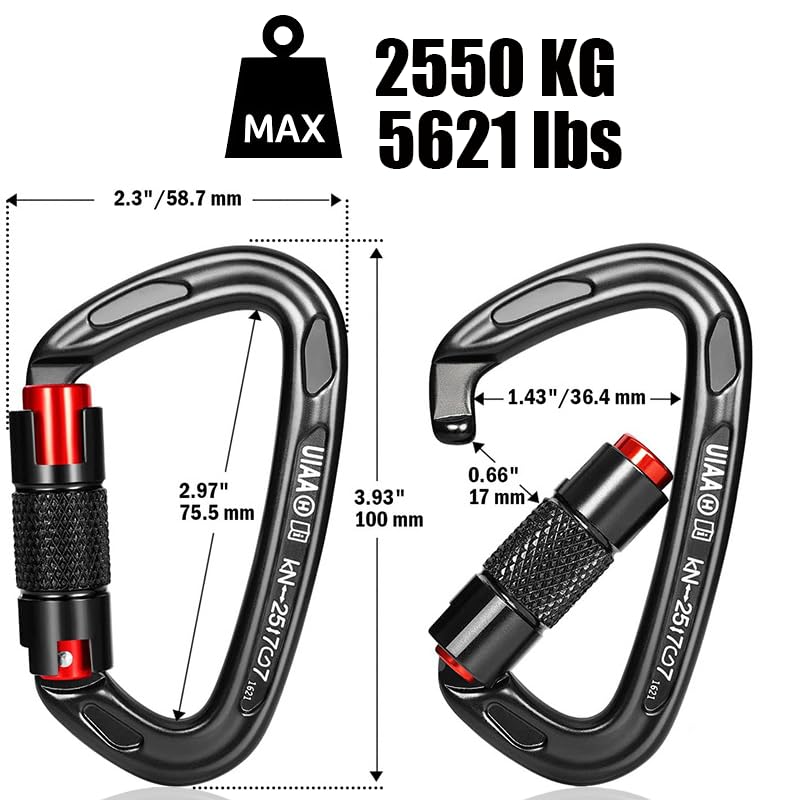 UIAA Certified 25KN Carabiner Heavy Duty, Auto Locking Carabiners Clips, 6PCS Black Carabiner for Swing, pet Traction,3.93 Inch D Shaped, Large Size