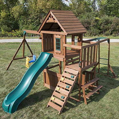 Swing-N-Slide WS 8352 Knightsbridge Ultimate Wooden Swing Set with Slide, Play Set, Monkey Bars, Climbing Wall, Wood Roof, Picnic Table & Glider, Wood, Green - size: Knightsbridge Ultimate