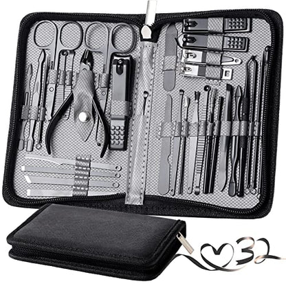 Manicure Set Pedicure Kit Womens Nail Clippers Set 32 in 1 Professional Grooming Care Tools Nail Kit Including Facial, Fingernails and Toenails Care with Travel Case Women (Gray_32 in 1) - color: Gray_32 in 1