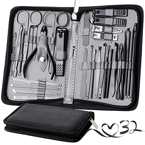 Manicure Set Pedicure Kit Womens Nail Clippers Set 32 in 1 Professional Grooming Care Tools Nail Kit Including Facial, Fingernails and Toenails Care with Travel Case Women (Gray_32 in 1) - color: Gray_32 in 1