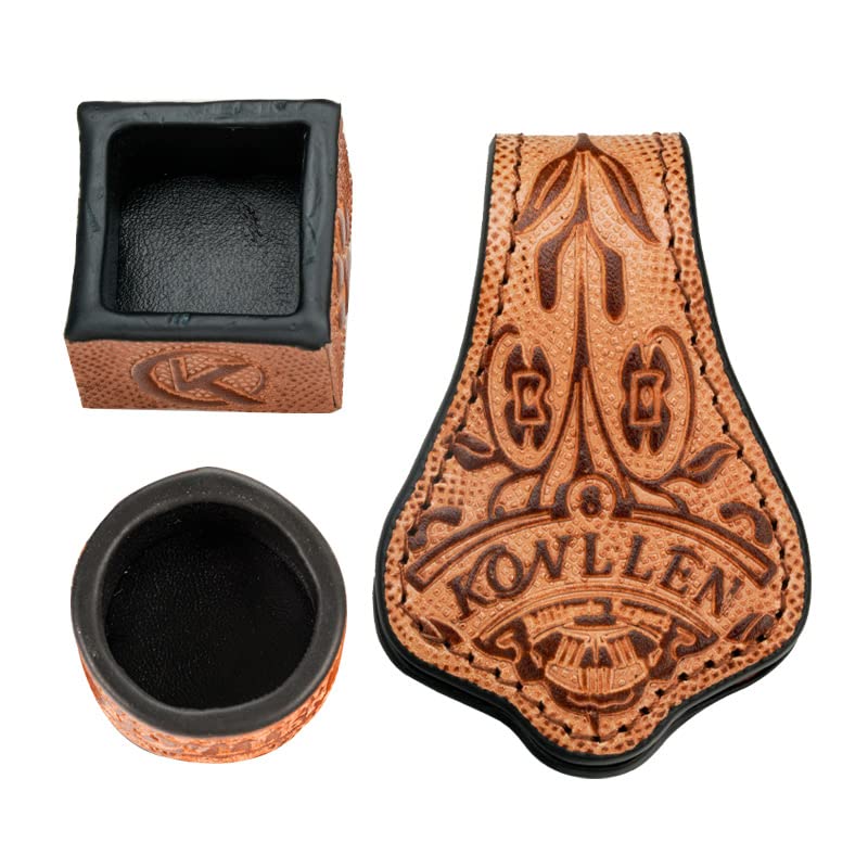 KONLLEN Leather Magnetic Chalk Holder, Pool Cue Accessory | Round or square engraved leather holder keeps billiard chalk secure and easy to reach during pool play. - color: Vt Round Holder-brown