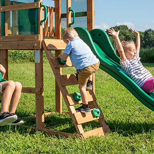 Backyard Discovery Buckley Hill Cedar Wood Swing Set with Wave Slide, Play Deck, Rock Wall Ladder, Belt Swings, Chalkboard, Canopy Roof, Outdoor Playset - color: Green