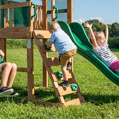 Backyard Discovery Buckley Hill Cedar Wood Swing Set with Wave Slide, Play Deck, Rock Wall Ladder, Belt Swings, Chalkboard, Canopy Roof, Outdoor Playset - color: Green