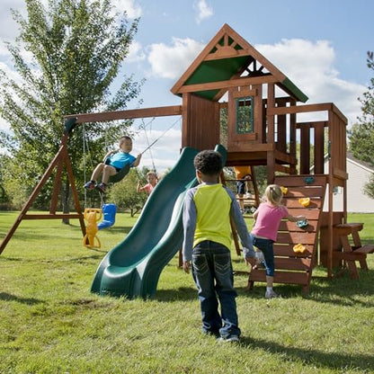 Swing-N-Slide PB 9241-1 Knightsbridge Wooden Swing Set with Slide, Swings, Glider, Climbing Wall, Green Slide - size: Knightsbridge