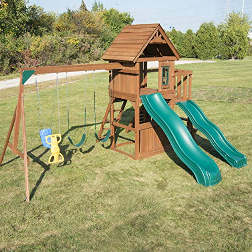 Swing-N-Slide Lookout Mountain Wooden Swing Set with Two Slides, Climbing Wall, Swings, Glider & Picnic Table, Wood - size: Lookout Mountain