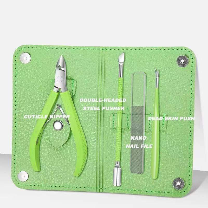 Nail Clippers Professional Nail Kit or Manicure Kit for Women and Men,4Pcs Pedicure Set for Fingernail, Toenail Clippers with Leather case,Green ﻿ - color: Green