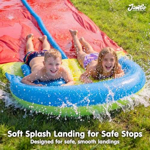 JAMBO 32FT Extra Extra Long Slip Splash and Slide, 2 Bodyboards, Heavy Duty Water Slide with Inflatable Crash Pad, Double Lane Slip Slides, Outdoor Backyard Water Slides n Toys for Kids - color: 32' Multicolor