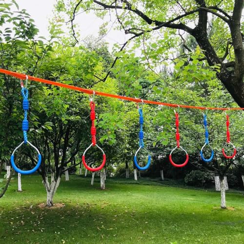 Backyard Ninja Ring Hang Gymnastic Fist Swing Monkey Bar Playground Equipment Climbing Attachment Playground Play Set, 4 Red Obstacle Course Fit Rings Jungle Gym Slackline Warrior Training Equipment - color: Red, size: 4 Pack