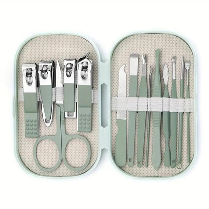Manicure and Pedicure Kits 14PCS Stainless Steel Nail and Foot Care Tools Set for Nail Care, Including Nail Clippers and Shaping Tools with Portable Storage Box（Green）