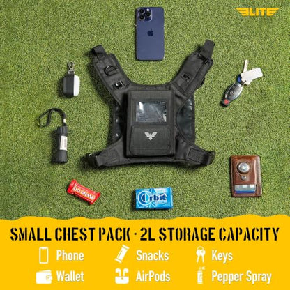 Elite Sports Running Vest w/Phone Holder for Men/Women, Reflective Lightweight Chest Pack w/Touch Friendly Phone Sleeve, Camera Pocket - Chest Rig for Hiking, Trail, Marathon, Camping - size: Small