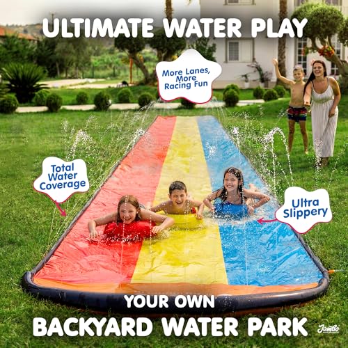 JAMBO 25Ft Premium XXL Slip Splash and Slide with 3 Bodyboards, Heavy Duty Water Slide- Advanced 3-Way Sprinkler System, Splash Mat Splash Pad Backyard Waterslide Outdoor Water Toys n Slides for Kids - color: Triple Lane