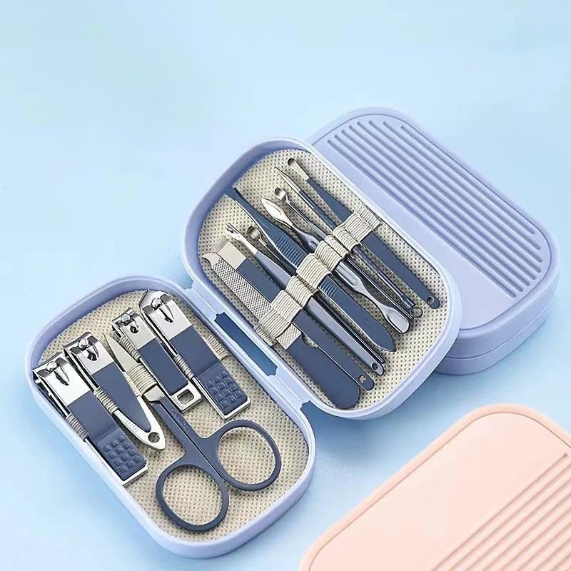 14Piece Professional Stainless Steel Nail Clipper Grooming Kit Nail Care Tools with Blue Foldable Case Manicure Pedicure Set for Men Women Home Travel Personal Nail Care