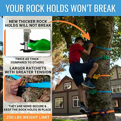 Hyponix Ninja Tree Climbing Kit – 16 Large Rock Holds & 8 Ratchets, 10-Minute Setup, Thicker Textured Grips, Supports 250lbs, CPC Certified Safety, Portable Bag – Backyard Fun & Ideal Gift for Kids - style: Monkey Tree Climbers 2.0