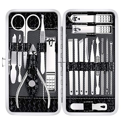 Yougai Manicure Set 18 Pieces Professional Nail Clippers Pedicure Kit Men Women, Stainless Steel Fingernail Toenail Cutters, Nail Care Grooming Tools with Leather Travel Case - color: Black