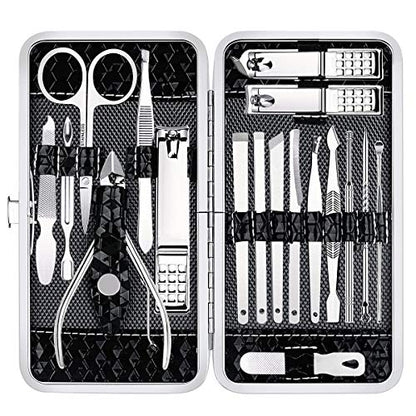 Yougai Manicure Set 18 Pieces Professional Nail Clippers Pedicure Kit Men Women, Stainless Steel Fingernail Toenail Cutters, Nail Care Grooming Tools with Leather Travel Case - color: Black