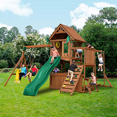 Swing-N-Slide WS 8352 Knightsbridge Ultimate Wooden Swing Set with Slide, Play Set, Monkey Bars, Climbing Wall, Wood Roof, Picnic Table & Glider, Wood, Green - size: Knightsbridge Ultimate