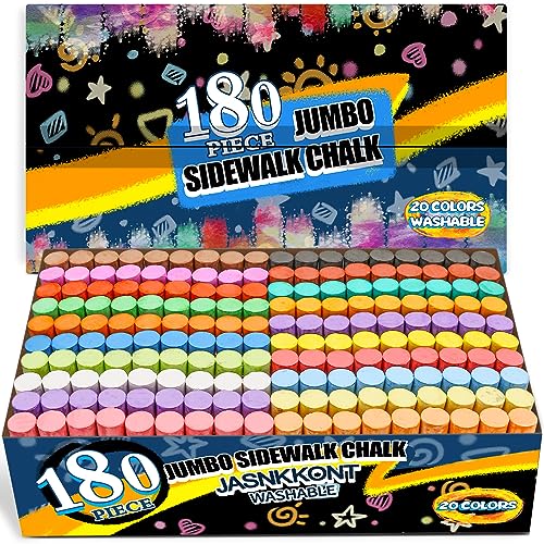 180 Pack Washable Sidewalk Chalk in 20 Colors, Jumbo Outdoor Chalk Bulk Set | 20 Bright Non-Toxic Colors Wash Away Easily after Pavement Art, Class or Blackboard Games, for Kids, Toddlers and Adults