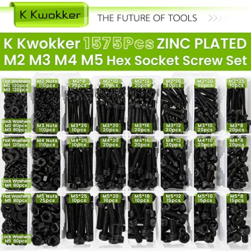 M2 M3 M4 M5 Hex Socket Bolt & Nut Assortment Kit, 1574Pcs | 12.9 Alloy Steel Zinc Plated Anti-rust; 24 Sizes 8–25mm Metric Screws with Lock Washers for 3D Printing DIY Machinery Repair - size: H. M2 M3 M4 M5