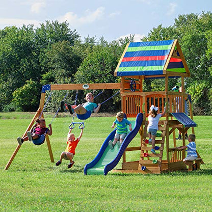 Backyard Discovery Beach Front Cedar Wood Swing Set with Wave Slide, Play Deck, Monkey Bars, Rock Wall Ladder, Shaded Picnic Area, Snack Bar, Belt Swings, Trapeze, Sandbox Area, Outdoor Playset - color: Multicolor