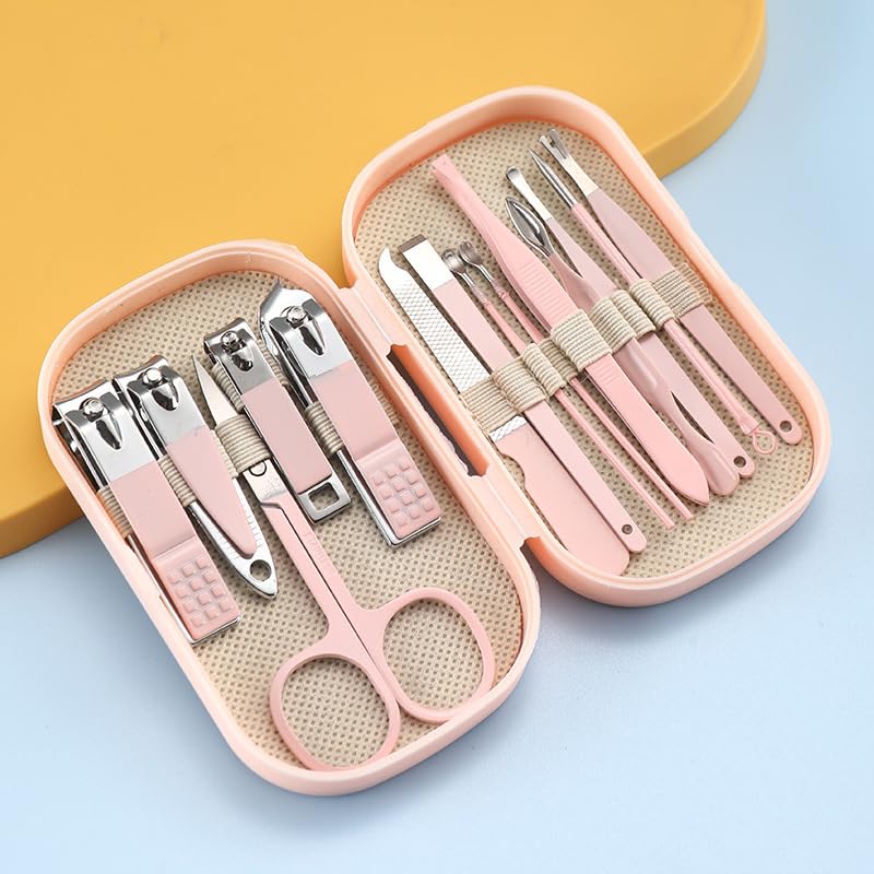 A set of 14-piece stainless steel nail and foot care tools, including a portable storage box (pink) - color: pink