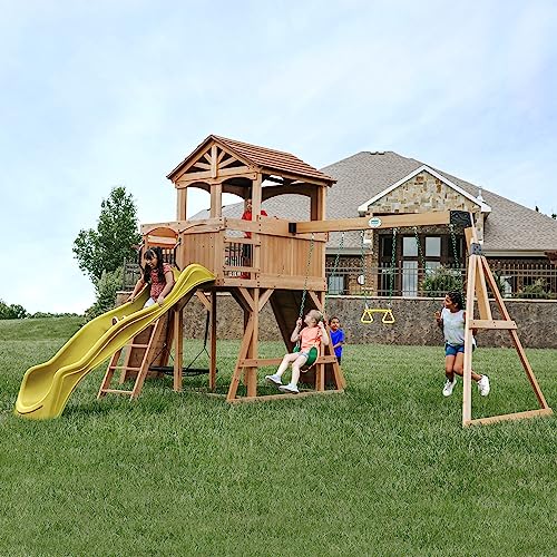 Backyard Discovery Sterling Point Cedar Wood Swing Set with Wave Slide, Raised Clubhouse, Wooden Bridge, Rock Wall, Belt Swings, Web Swing, Trapeze, Balcony, Climbing Wall, Ladder, Outdoor Playset - color: Yellow Slide, style: Cedar