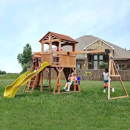 Backyard Discovery Sterling Point Cedar Wood Swing Set with Wave Slide, Raised Clubhouse, Wooden Bridge, Rock Wall, Belt Swings, Web Swing, Trapeze, Balcony, Climbing Wall, Ladder, Outdoor Playset - color: Yellow Slide, style: Cedar
