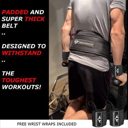 Vikingstrength Dip Belt for Weight Lifting Including Wrist Wraps. Premium Padded Dips Belt with Long Chain for Pullups Triceps Weighted belt for Workout Powerlifting + V-Strength Workout App
