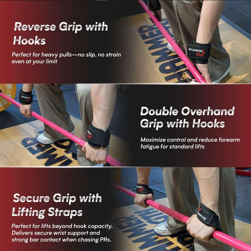 Weight Lifting Hooks & Straps Set, Lifting Hooks with Anti-Slip Grip | Adjustable Wrist Wraps for Weightlifting, Deadlifts, Powerlifting, Gym Straps for Men and Women, Black-Red