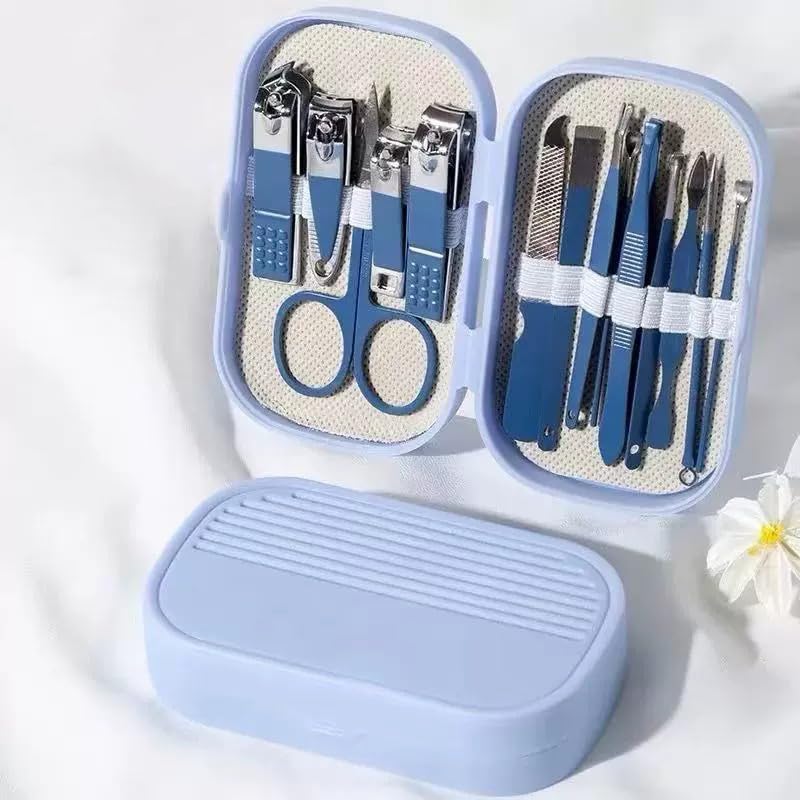 14Piece Professional Stainless Steel Nail Clipper Grooming Kit Nail Care Tools with Blue Foldable Case Manicure Pedicure Set for Men Women Home Travel Personal Nail Care