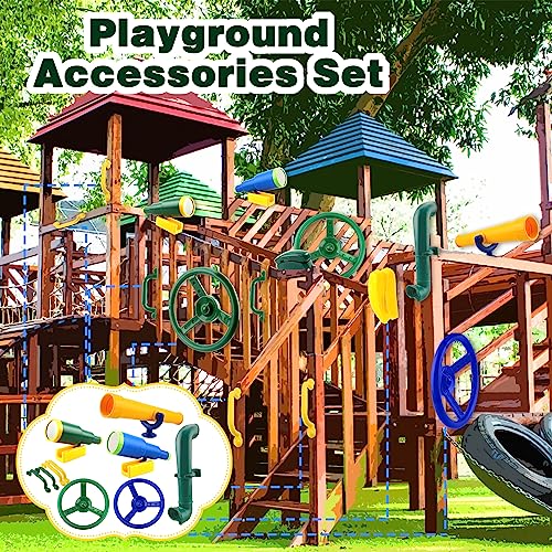 11 Pcs Playground Swing Set Accessories Plastic Pirate Steering Wheel with Safety Handles Telescope Periscope Telephone Playset for Outdoor Playground Treehouse Jungle Gym Accessories