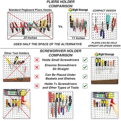 Peg Board Hooks for Hanging Tools with Bins and Baskets – Tool Organization Accessories Kit – Organizer Set of 1 inch, 2 inch, 4 inch L Hooks, J Hook, Pliers Rack, Screwdriver Holder - size: Set w/ Baskets+Bins